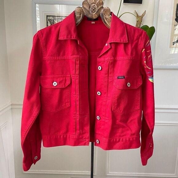 Vintage 80s Guess Red Denim Jacket Upcycled Floral Cotton M - Picture 1 of 12